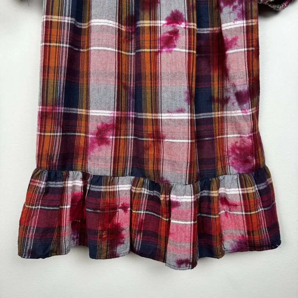Angie Plaid Flannel Long Sleeve Dress Ruffle Hem Bleach Effect Size S Smocked